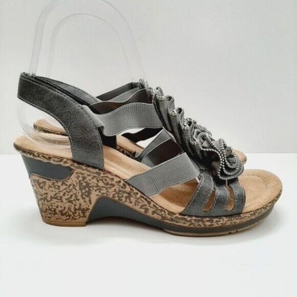 RIEKER Roberta Women's Wedge Sandal Gray Zipper Rosette Sz Eur 37 US 6 - Picture 3 of 13